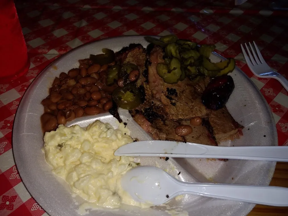 Sliced Brisket 1 Hominy w Cheese Beans