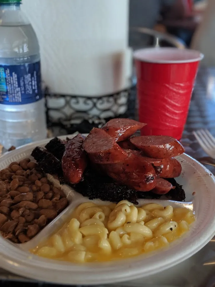 Two Meats Slice Beef and Sausage Mac N Cheese and Beans